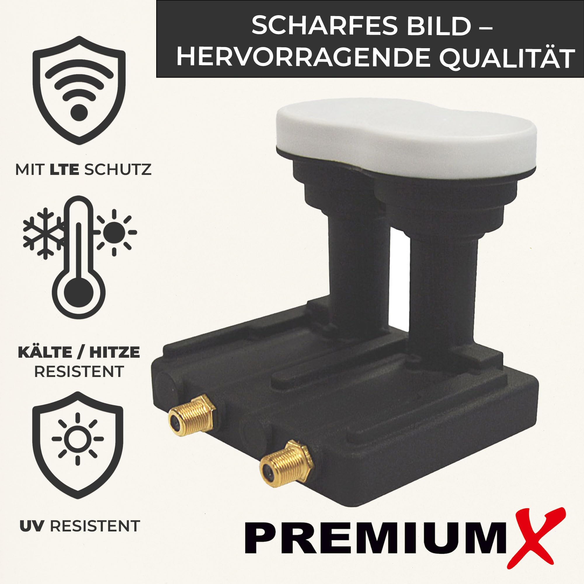 Premium X Monoblock Twin LNB 3 ° PXMB-3T 0.1 dB Astra 19.2 ° Eutelsat 16 ° HDTV FullHD UltraHD 4K 3D Adecuado para 2 participantes