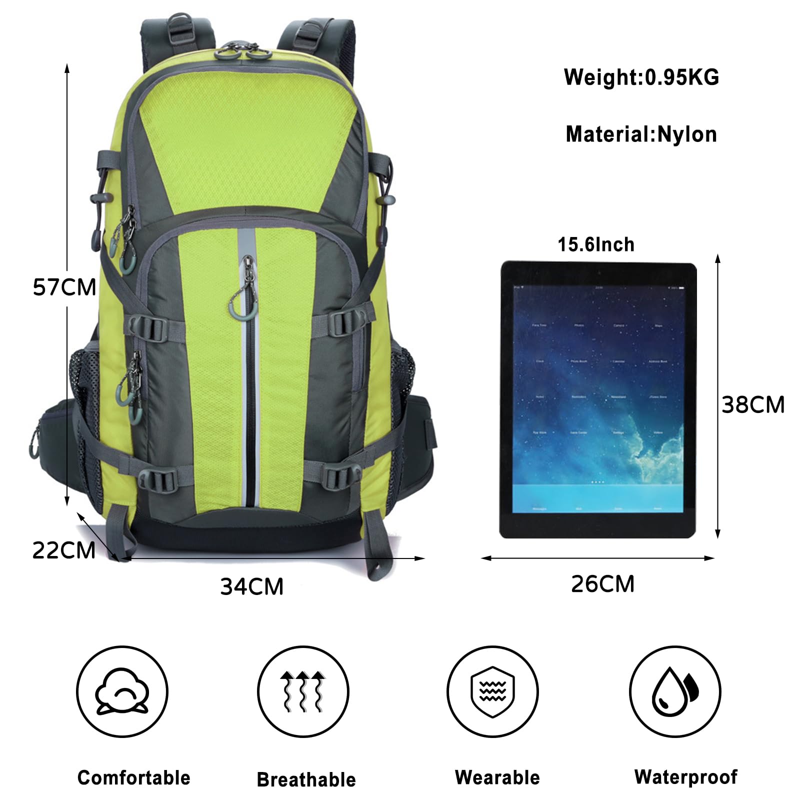 Zaino da Trekking Impermeabile 45L Zaino Zaini Durevole Backpack per Donna Uomo Campeggio Arrampicata Viaggio Sport Verde