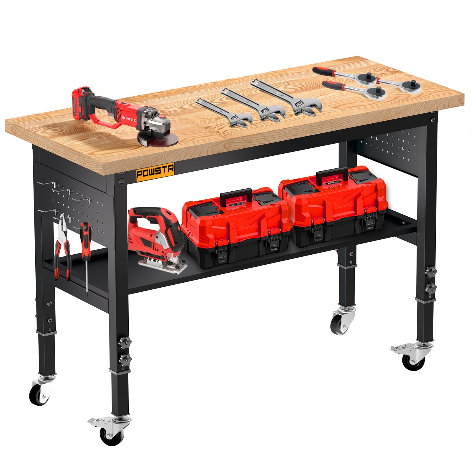 Schwerlast-Werkbank 120 cm, 900 kg Belastbar, 5-Stufig Höhenverstellbar, Gummiholz-Tischplatte, Lochplatte mit Haken, Doppelstöckig mit Rollen für Garage, Werkstatt & Büro