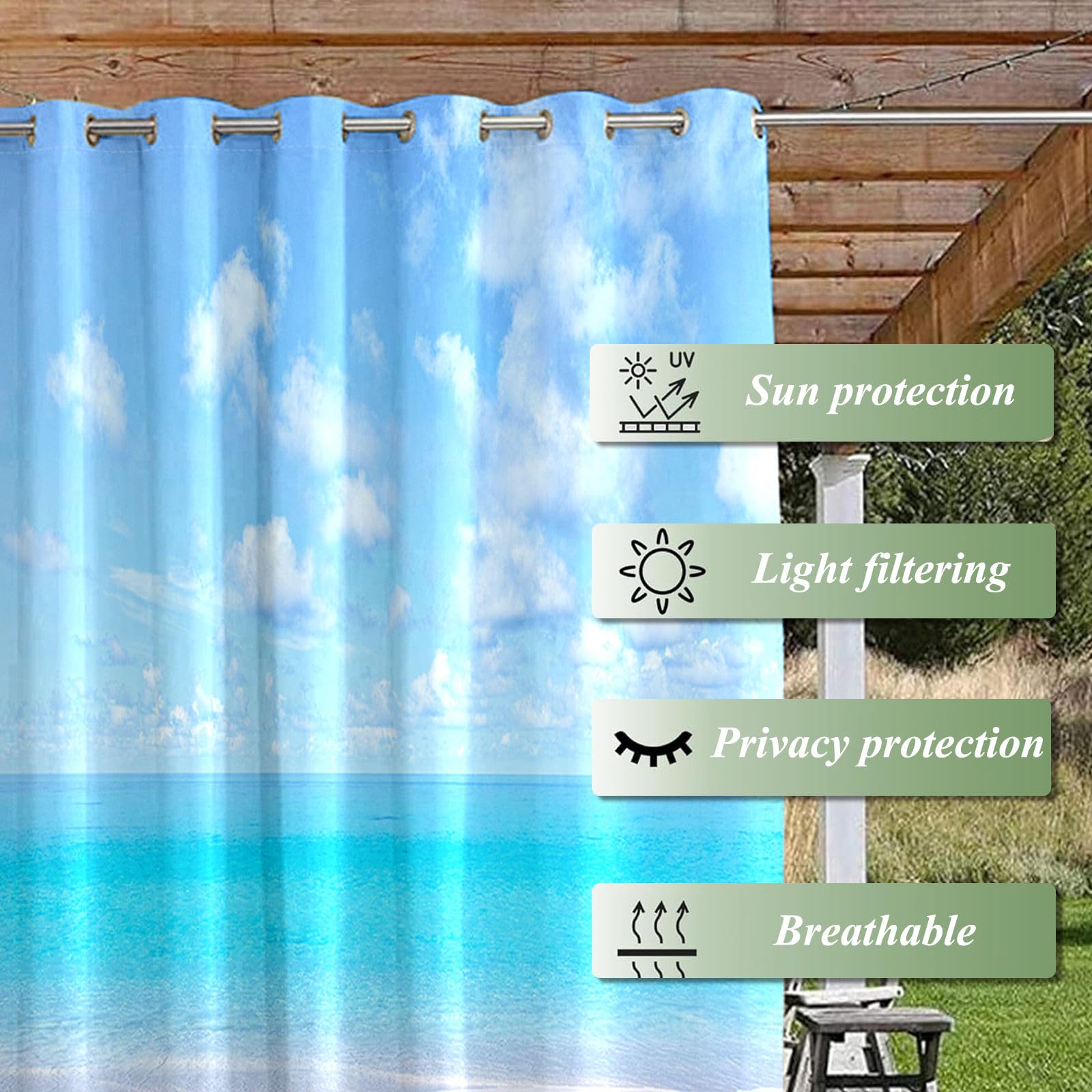 Hiseng Outdoor Vorhänge Wetterfest mit Ösen Oben und Unten, 3D Meerblick Muster wasserdichte Outdoorvorhänge 1 Stück Verdunkelungsvorhang Sichtschutz Vorhang für Garten (Kokosnussbaum,200x200cm)