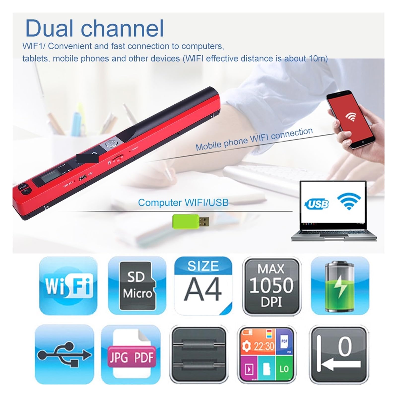 Scanner per Documenti Scanner Portatile Creativo con Immagini di Documenti A4, Scanner USB 2.0 da 900 DPI, Supporta Il Formato JPG/PDF(Blauw)