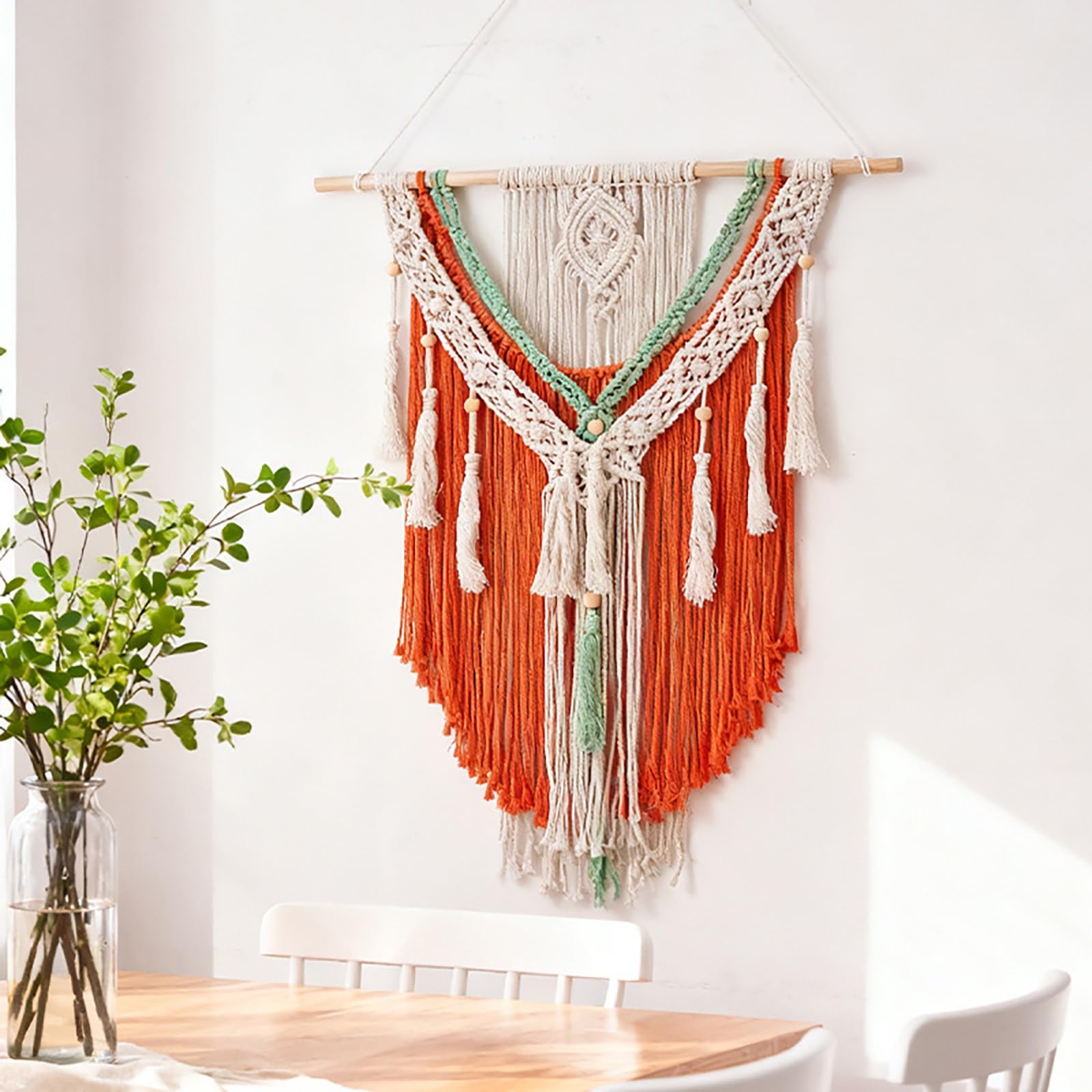 TaLcuS Dekoracja ścienna w stylu boho, makrama, liście i pióra, ręcznie tkany gobelin, nowoczesna dekoracja domu boho szykowna ozdoba do sypialni, salonu, mieszkania (A2)