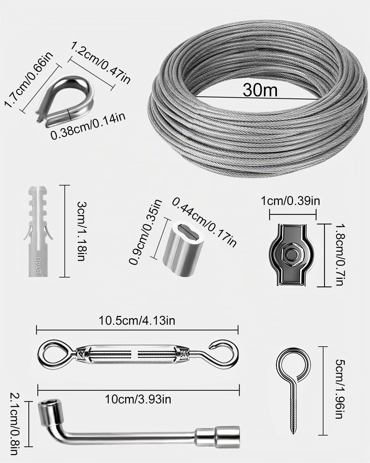 3mm 30m Stahlseil Kit, 304 Edelstahl Drahtseil Rankhilfe, Stahlseil mit ösen, Spanndraht Seilspanngarnitur, für Gardinenseil, Kletterpflanzen,String Light Suspension,Wäscheleine