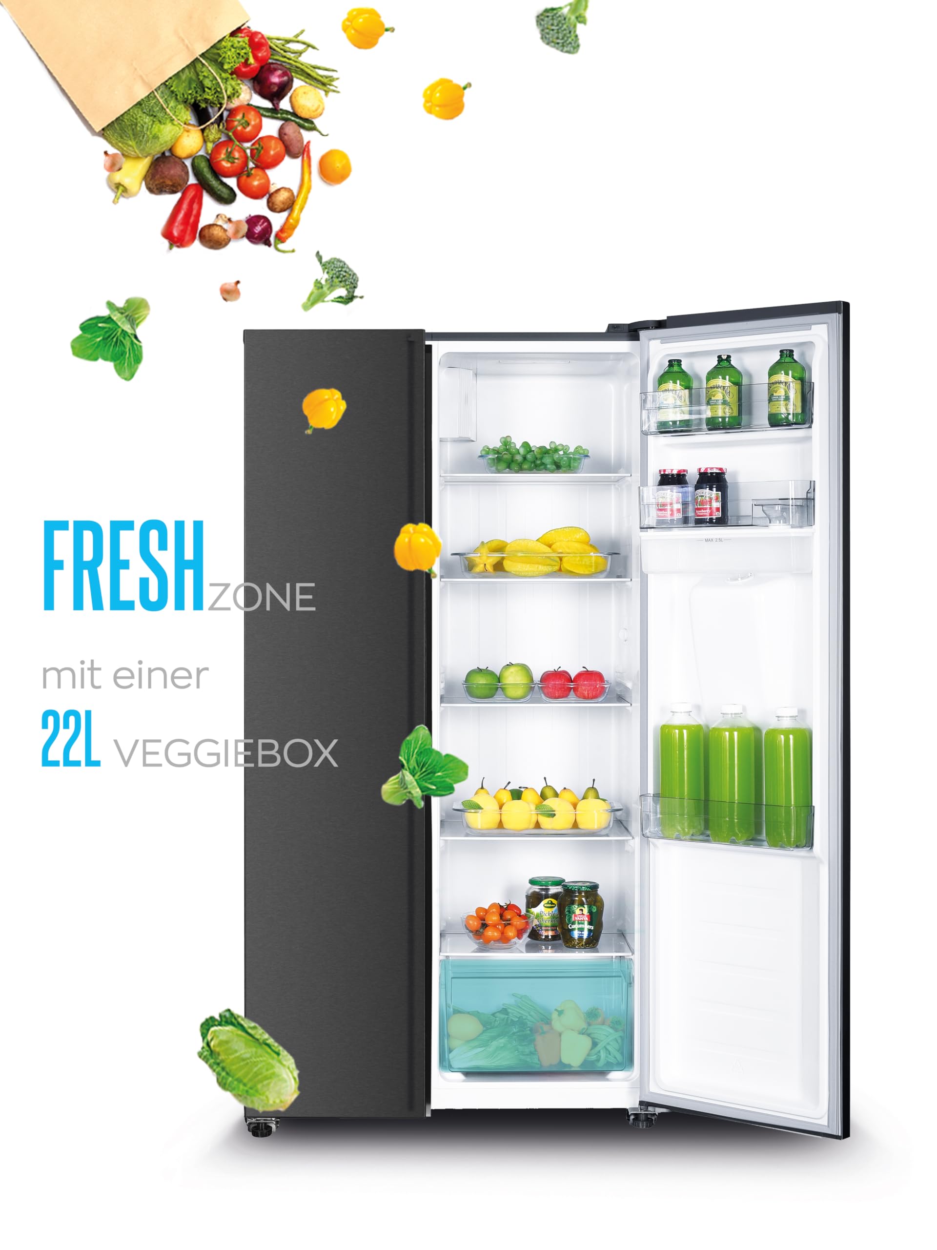 Heinrich´s Side-by-Side Kühlschrank, Kühlgefrierkombination mit 439L Mega Gesamtvolumen, NO-FROST, 151L Gefriervolumen, inkl. Wasserspender, LED Beleuchtung,Touch, Multi-Airflow-System, Schwarz-Inox