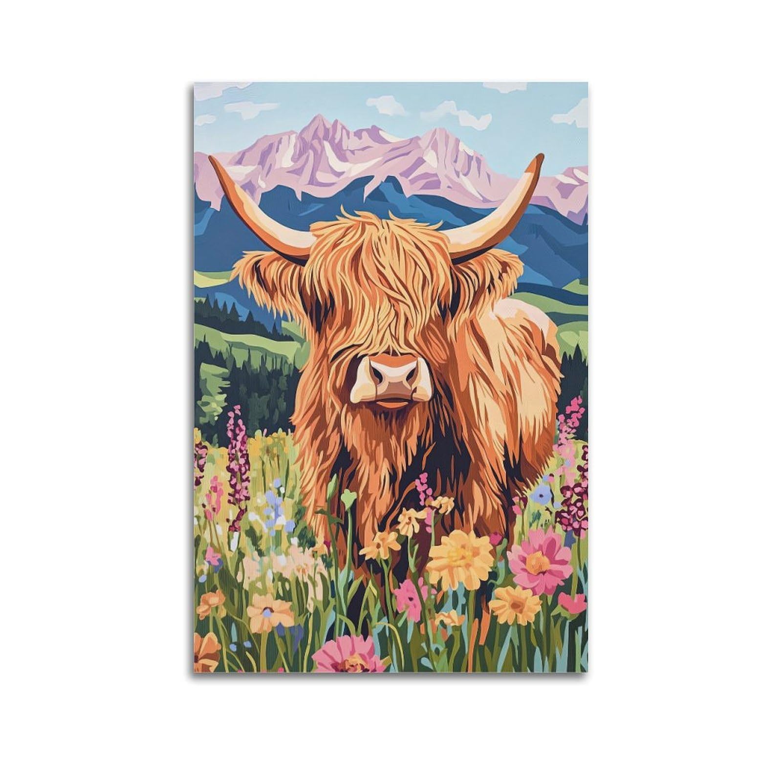ESTE Vintage Highland Cow Flowers Artwork Poster Decorative Painting Canvas Modern Art Picture 24x36inch(60x90cm)
