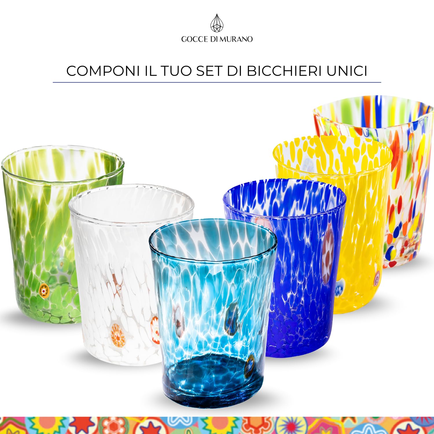 Gocce di Murano Arcobaleno Pioggia - 6 vasos de agua elaborados según la tradición de los artesanos de Murano, vidrio soplado y trabajado a mano, 300 ml