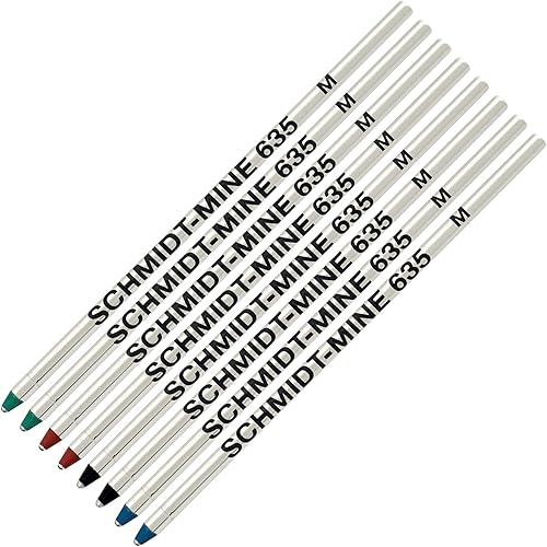 Schmidt 635 D1 - Recambio de bolígrafo para minas, tinta negra, azul, verde, roja (punta media de 0.028 in), paquete de 8