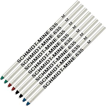 Schmidt 635 D1 Mine Ballpoint Refill - Black, Blue, Green, Red Ink Medium Tip 0.7mm - Pack of 8