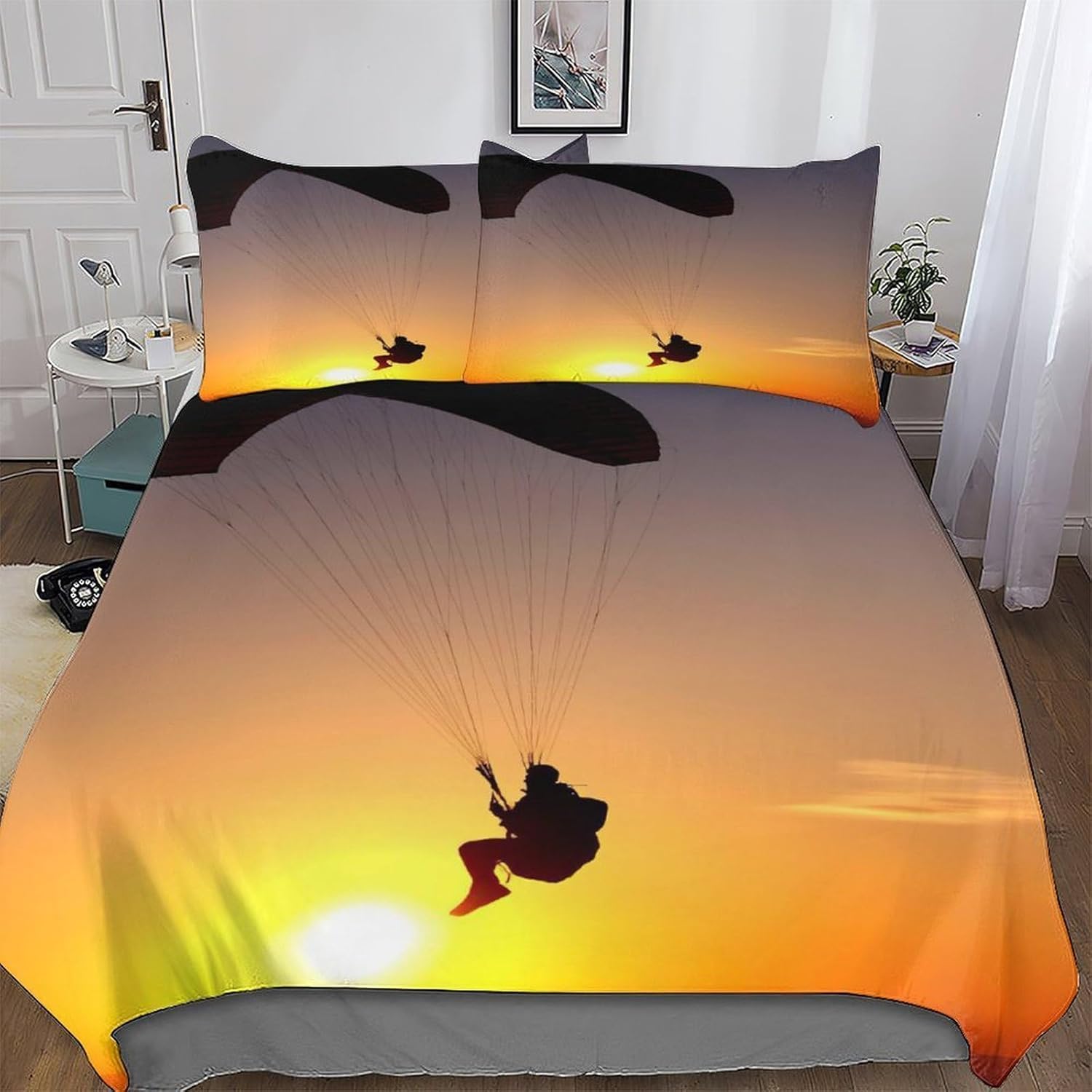 Spadochroniarstwo Poszwa na kołdrę 240x260 Komplet pościeli 2-osobowy nadruk 3D Miękka mikrofibra Zachód słońca Poszwa na kołdrę z 2 poszewkami na poduszki i zamkiem błyskawicznym h.6036