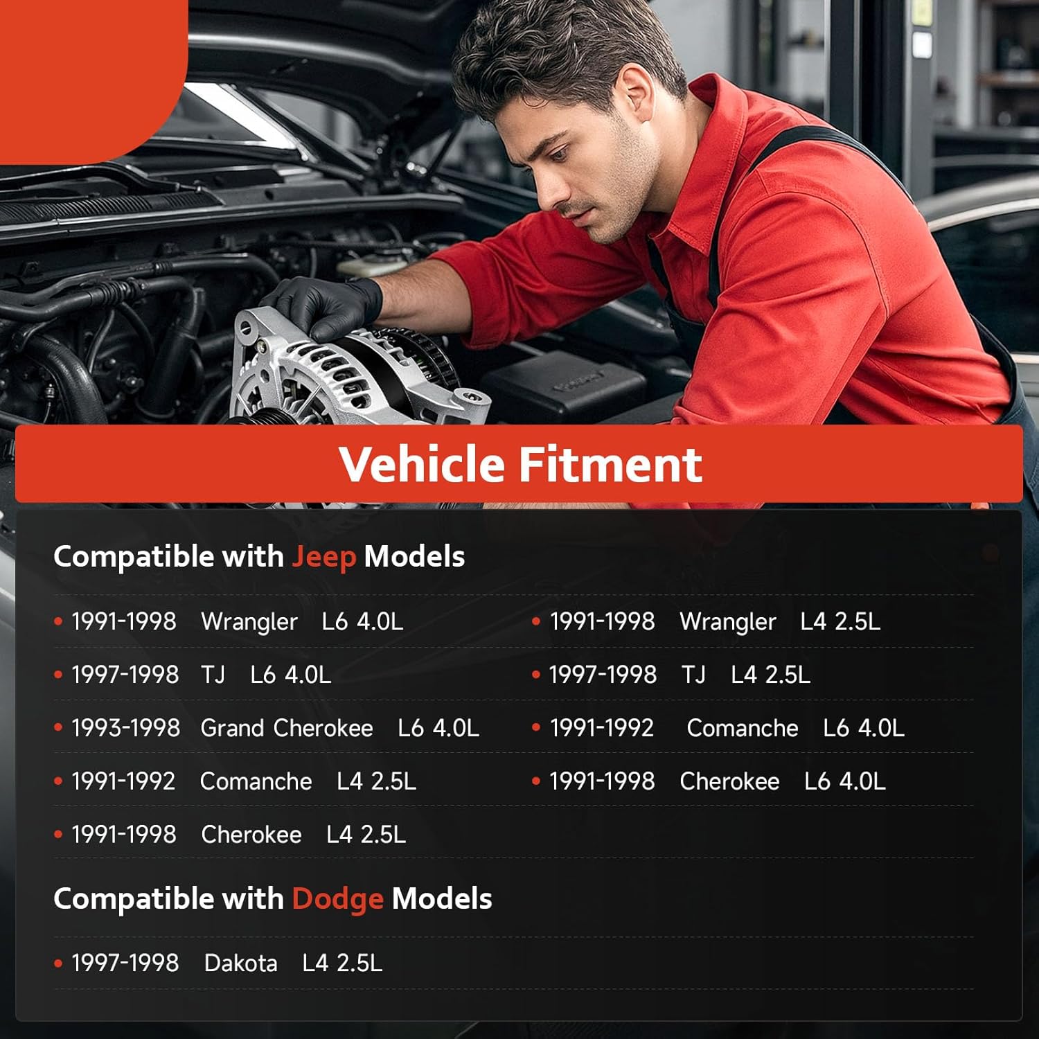 Jeep Dodge Alternator Replacement for Wrangler Cherokee 1991-1998 2.5 4.0 L4 L6,93-98 Grand Cherokee 4.0L, 91-92 Comanche 2.5L 4.0L,97-98 Dakota 2.5L,97-98 TJ 2.5L 4.0L,56005685 56005685AB 13341N