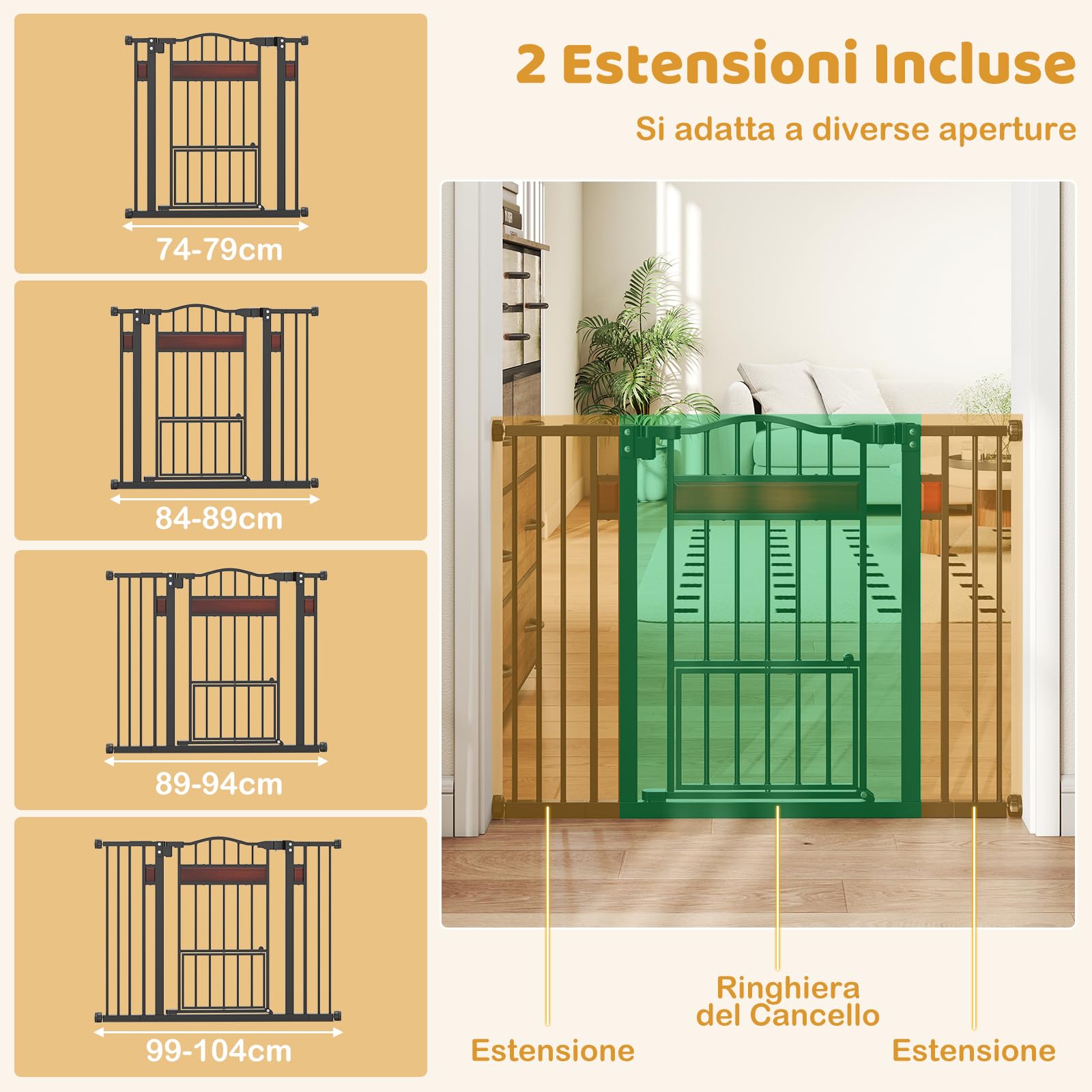 COSTWAY Cancelletto per Cani per Aperture 74-104 cm, Cancello per Cani con Porta Piccola, 2 Estensioni e Doppio Blocco, Cancelletto in Metallo da Interno per Cucina, Scale e Soggiorno (Nero)
