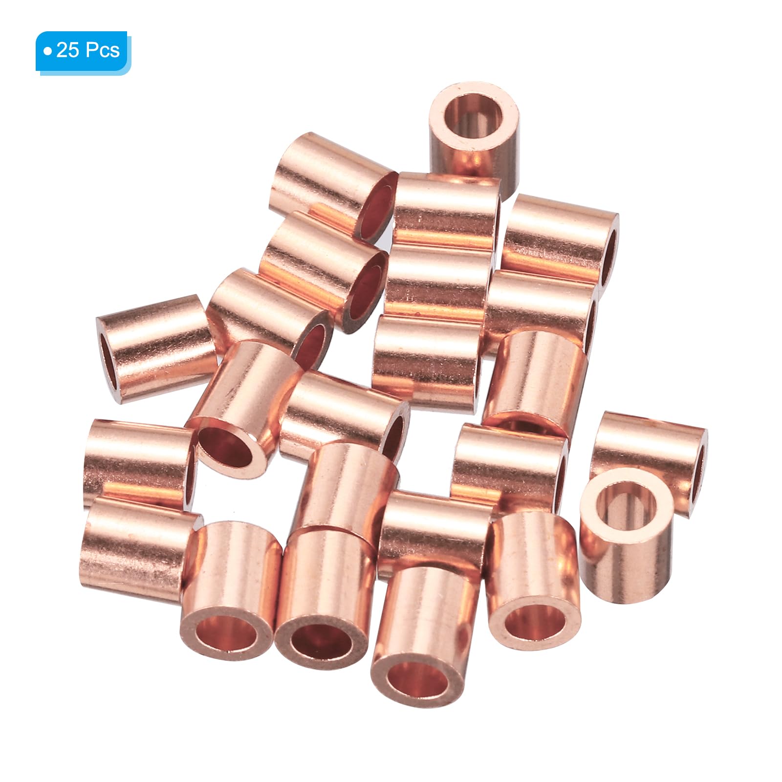 PATIKIL Tulej zatrzaskowy do liny stalowej 1/8"/ 3mm, opakowanie 25 sztuk, miedziany tulej do zaciskania końców liny stalowej, w złotym kolorze