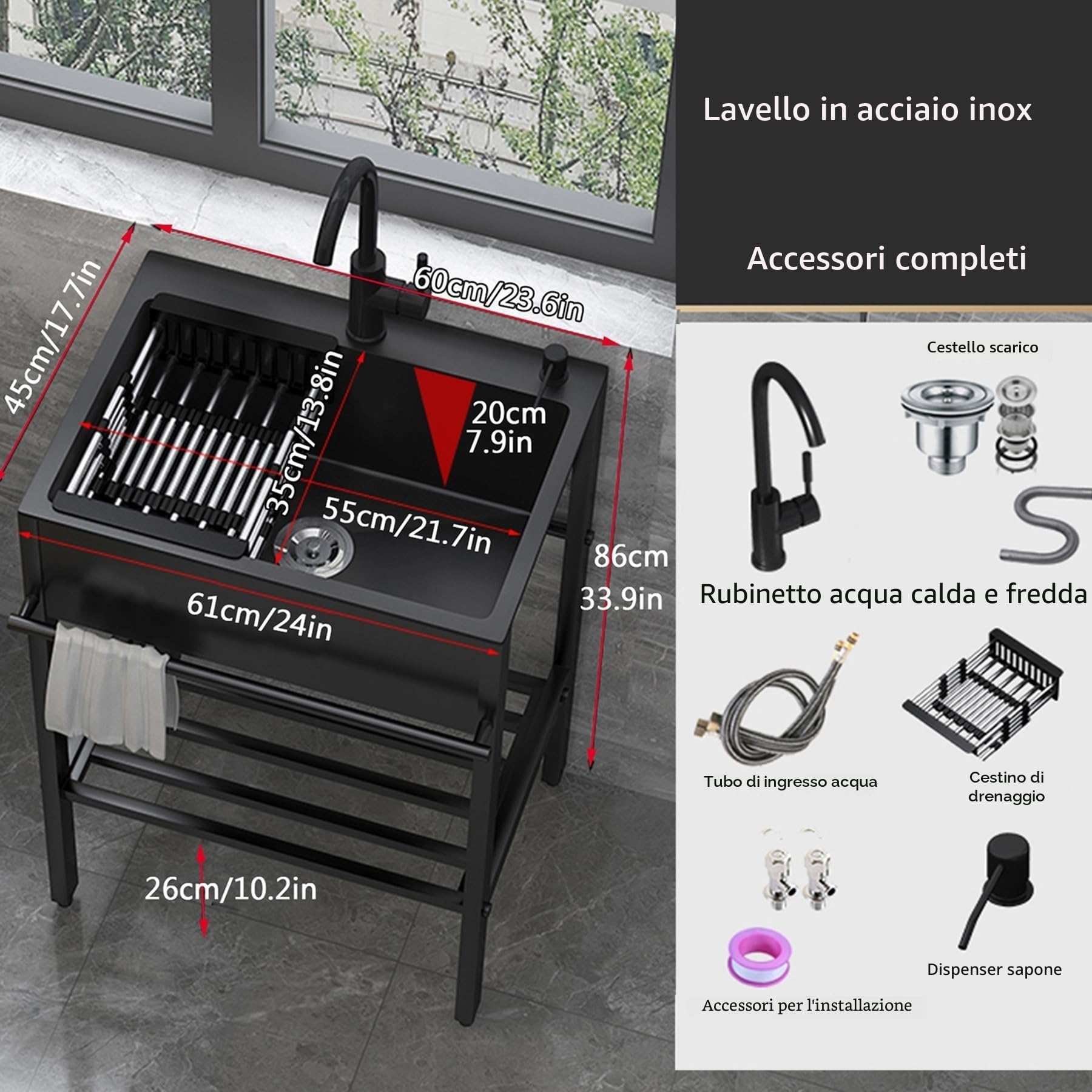 Lavandino in Acciaio Inox Professionale 1 Vasca,60x45x86cm Lavello Nero Multifunzione Cucina,Lavatoio da Esterno Autoportante,Lavabo Commerciale con Rubinetto,per Interno Ristorante Caffè Garage