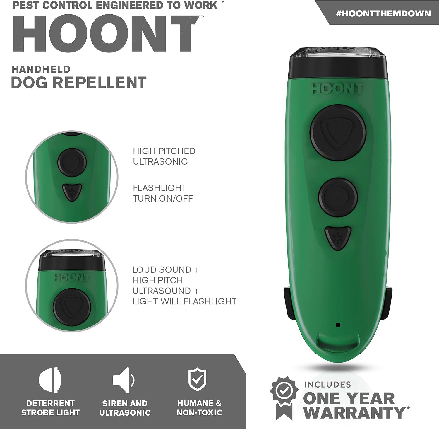 Hoont Electronic Dog Repellent and Trainer with LED Flashlight/Powerful Sonic + Ultrasonic Dog Deterrent and Bark Stopper + Dog Trainer Device/Protect Yourself from Aggressive Dogs