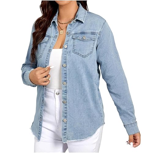 Women's Denim Button Down Shirt – Raw Hem, Distressed Holes,