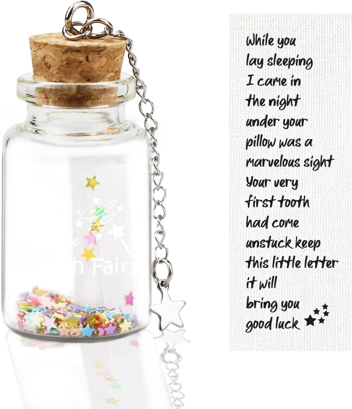 free-space Tooth Fairy Letter with Keepsake Box Tooth Lost Memorial Bottle Gift Boy or Girl Shiny Star with Message Cloth (Bottle)