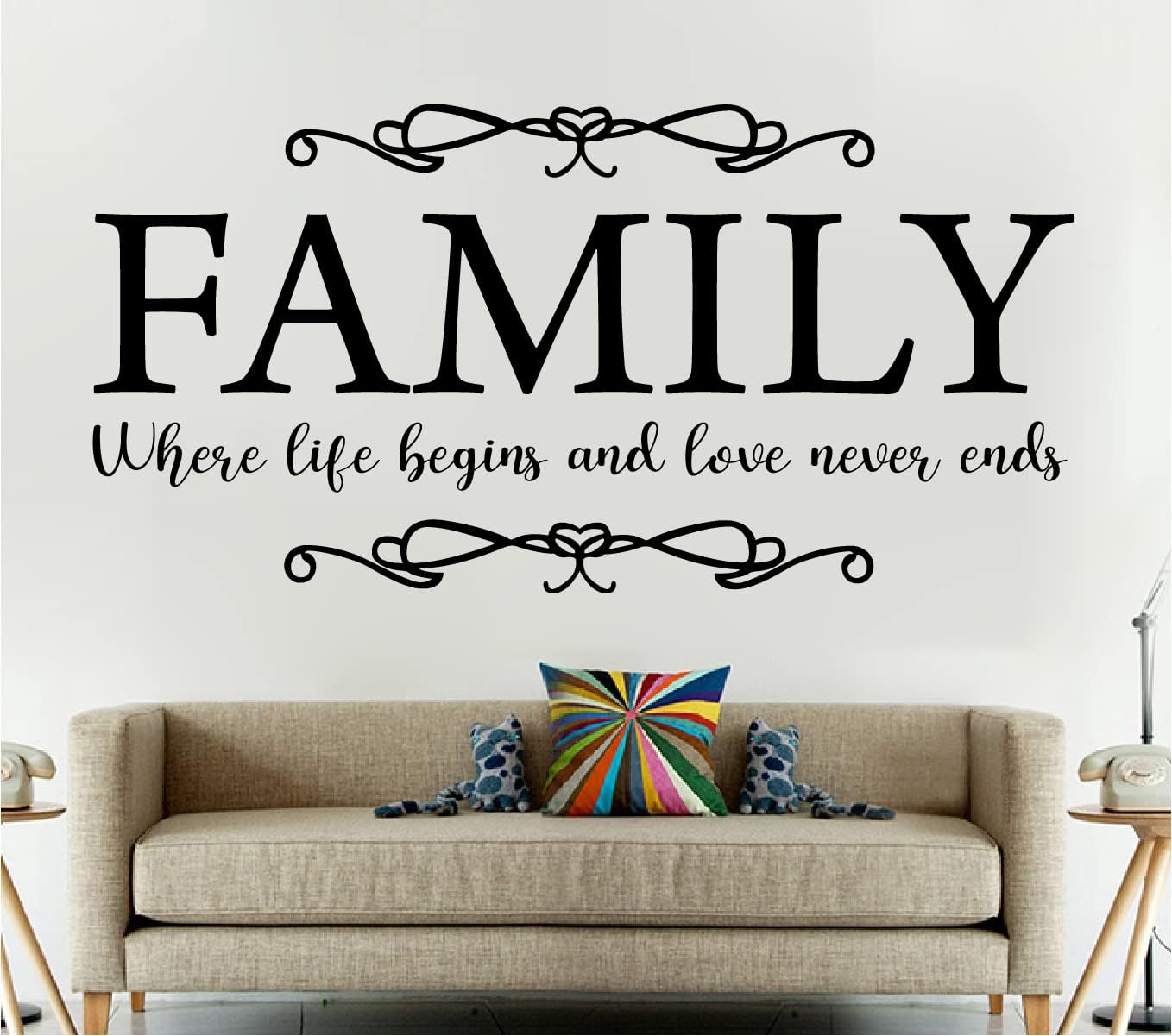 Family Quote Design Life and Love Wall Decor Sticker Mural for Home Kitchen Living Room Removable Decal BK044 (M-90X45cm, Black)