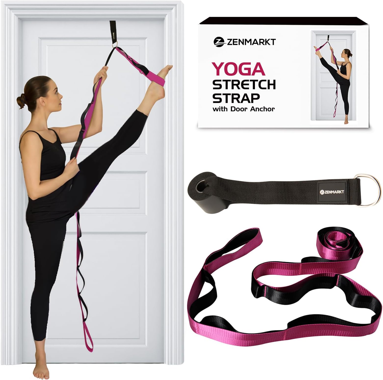 ZenmarktYoga Stretching Strap with 10 Loops and Door Anchor - Stretch Straps with Loops for Flexibility - Perfect Yoga Strap for Stretching and Balance - Yoga Essentials for Home