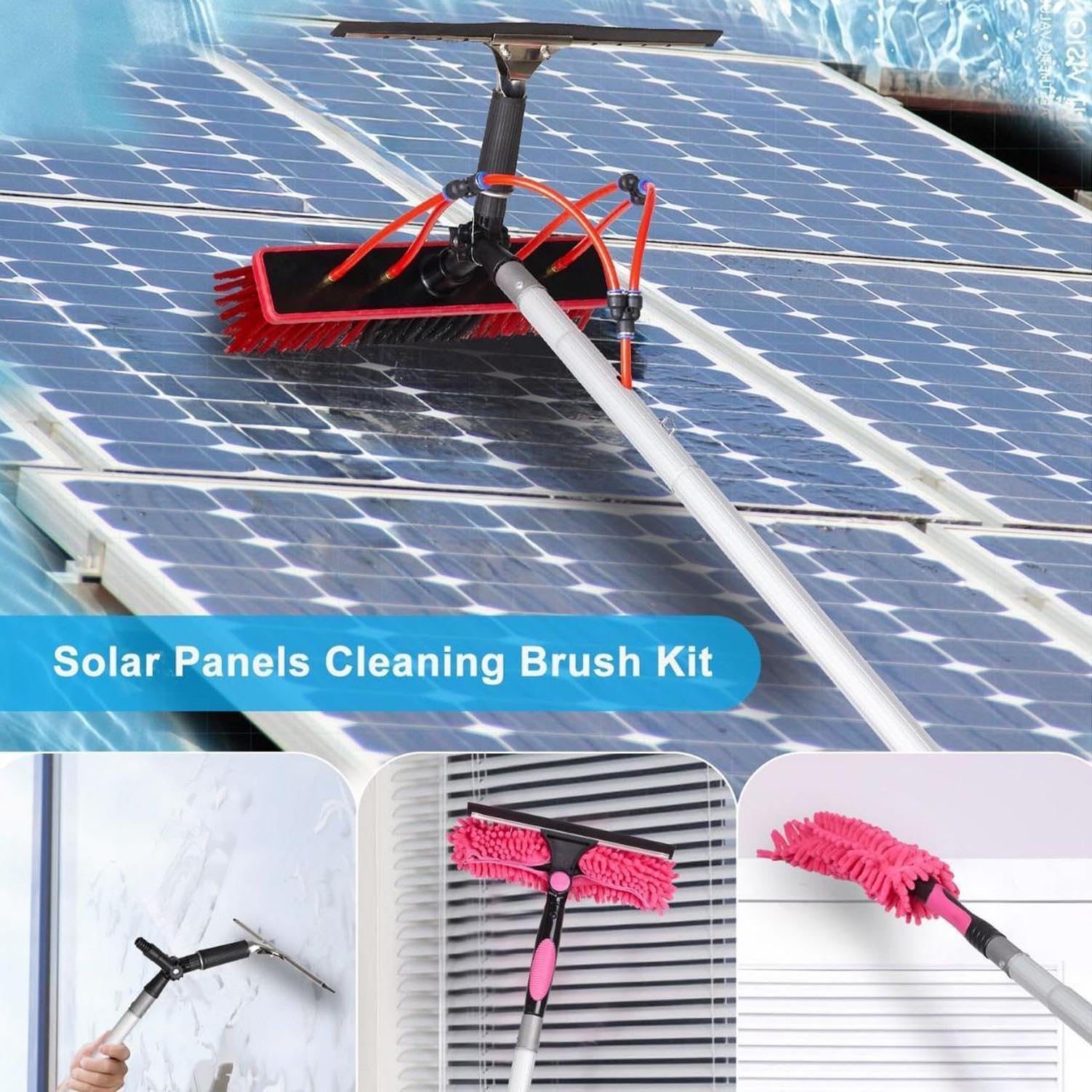 Herramienta de limpieza de panel solar con cepillo – Telescópico – Lavado de agua – Kit de cepillo alargado para panel solar fotovoltaico tejados invernaderos y ventanas,9M
