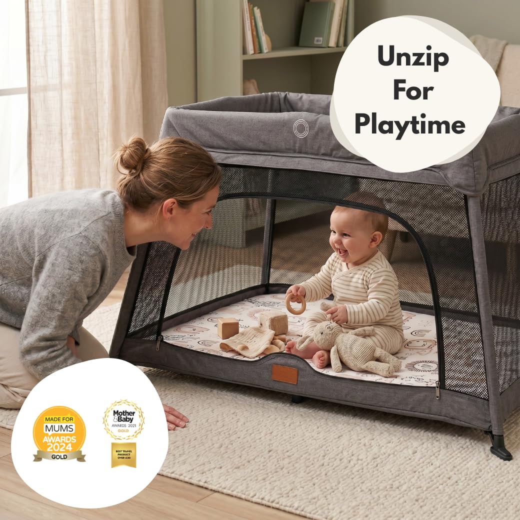 Venture Airpod Lit de voyage léger et pliable avec insert nouveau-né, matelas, sac de rangement et fonction parc - Côtés en maille respirante - Convient aux enfants de 0 à 3 ans - Gris foncé