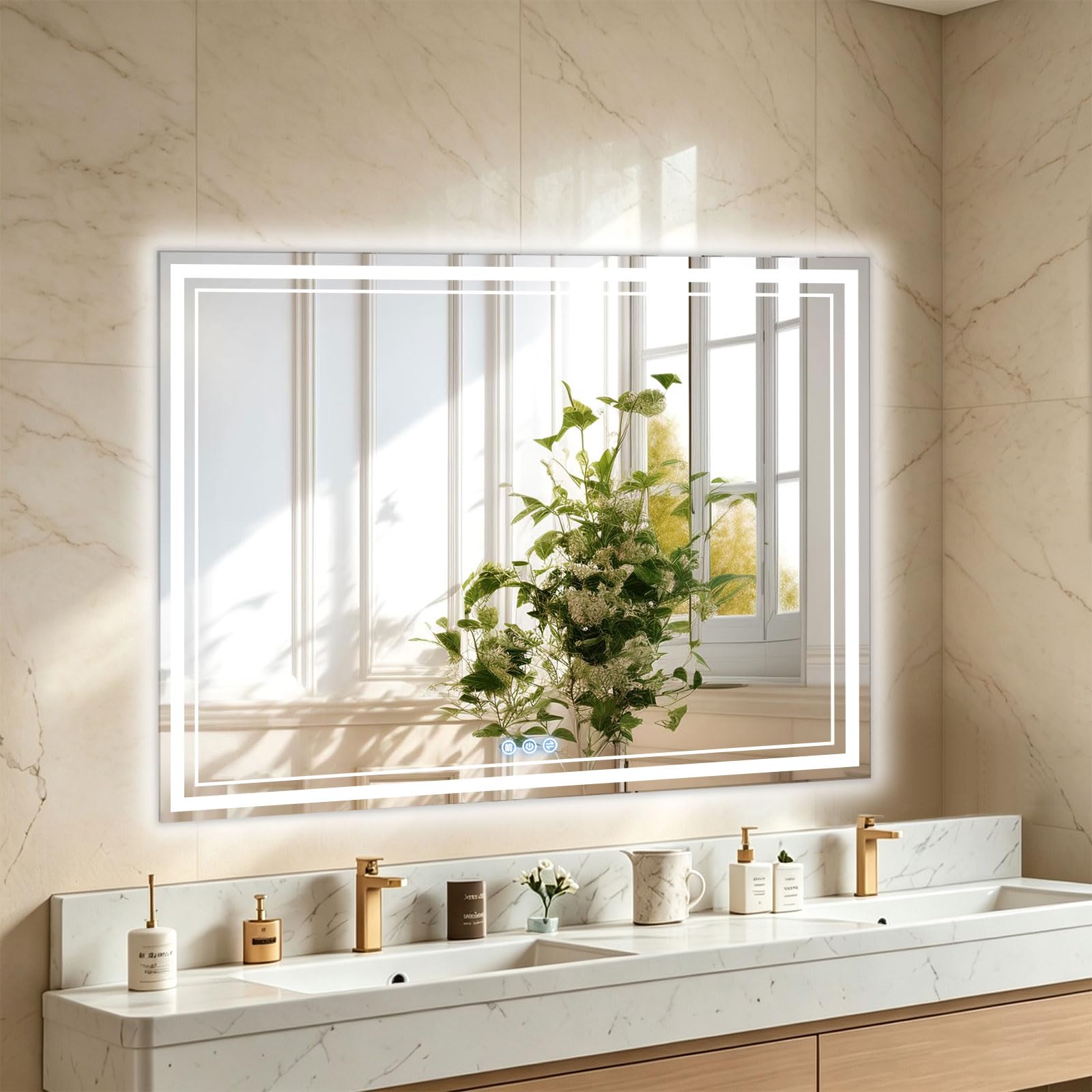 Miroir de Salle de Bain avec Éclairage 100x60 cm, Interrupteur Tactile, Fonction Anti-Buée, 3 Températures de Lumière Gradable, Double Anneau Lumineux