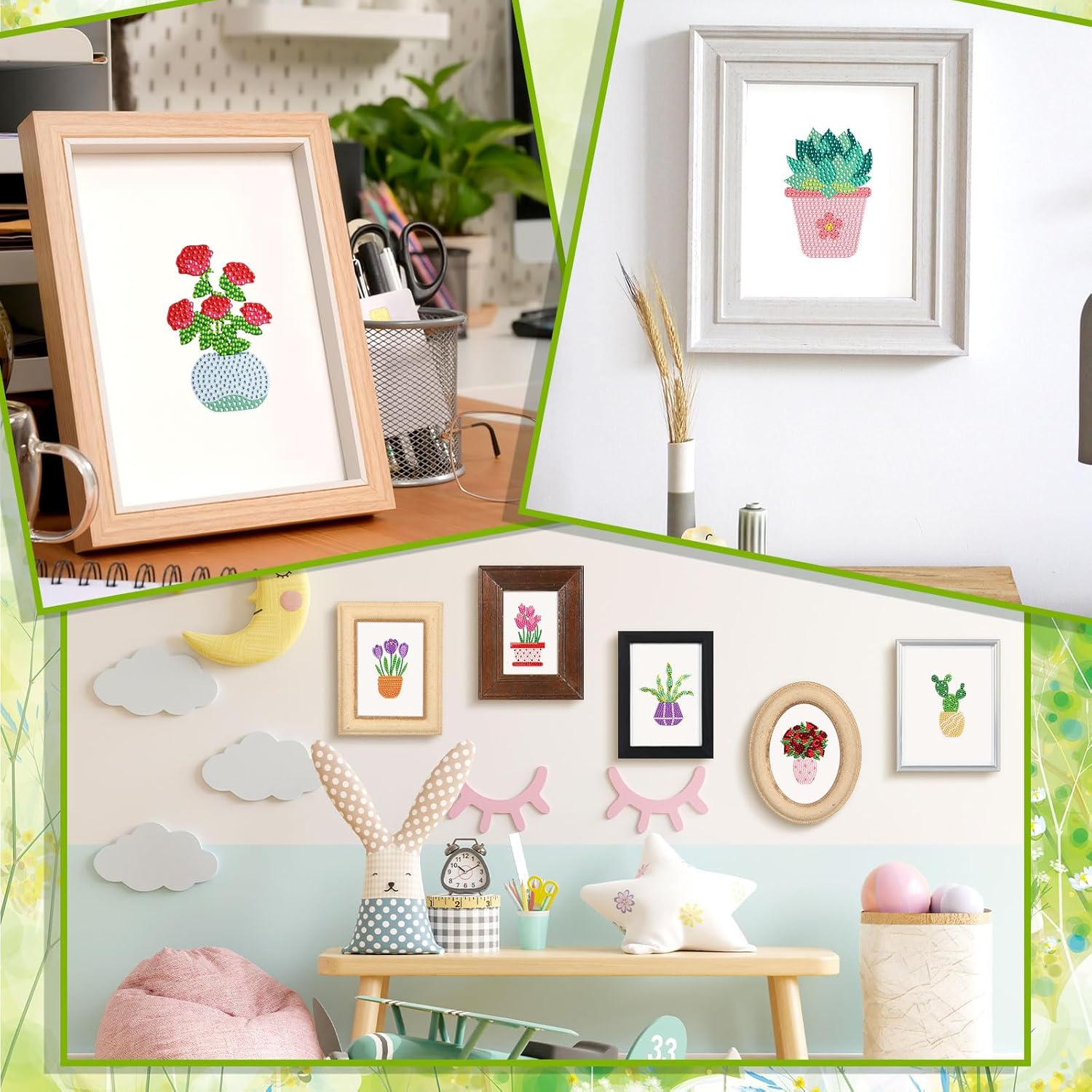 Xuhal 30 Pcs Small Plant Diamond Art Kits for Adults Colorful Floral Potted Green Plant Diamond Painting Mini Plants Stickers Summer 5d DIY Rhinestones Crafts with Cardboard for Beginner Gifts