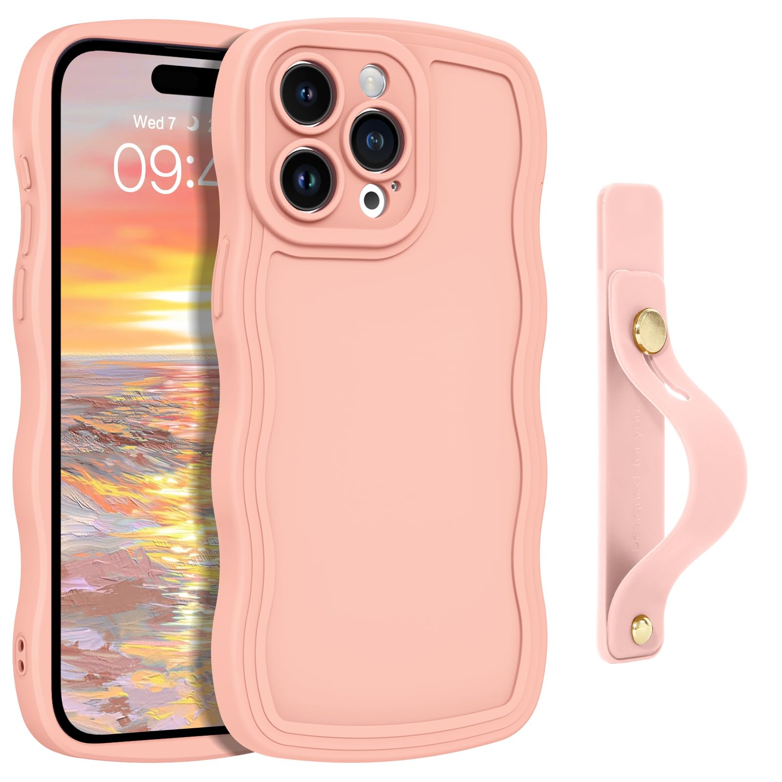 GUAGUA for iPhone 15 Pro Max Case with Wrist Strap, Cute Curly Wave Phone Case iPhone 15 Pro Max with Adjustable Wristband Kickstand Shockproof Anti