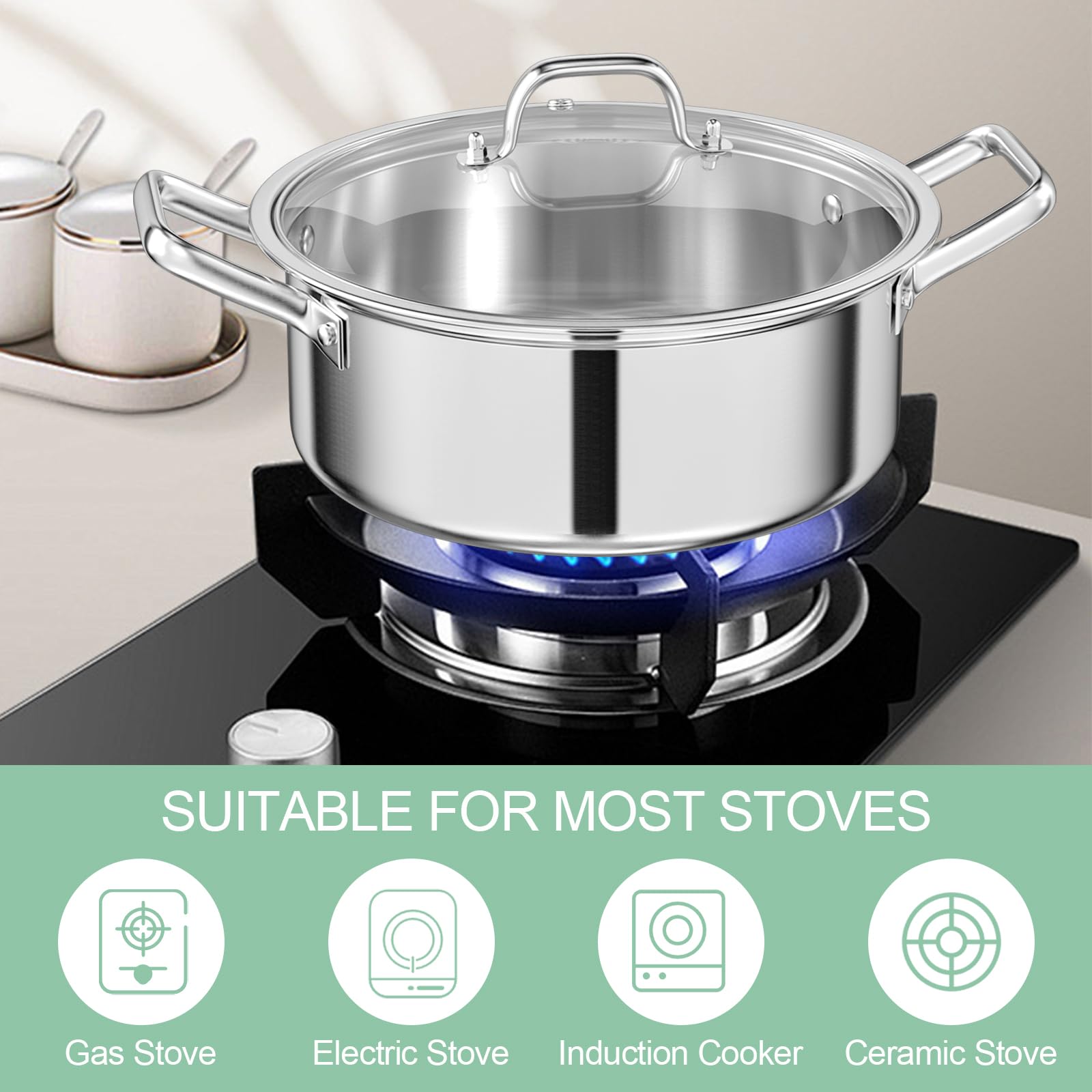 Casseruola Acciaio Inox 28 cm, Padella per Stufare 6 L, Tegami Bordo Alto 3 Strati, Pentola Bassa con Coperchio in Vetro, per Tutti i Tipi di Piano Cottura, Lavabile in Lavastoviglie