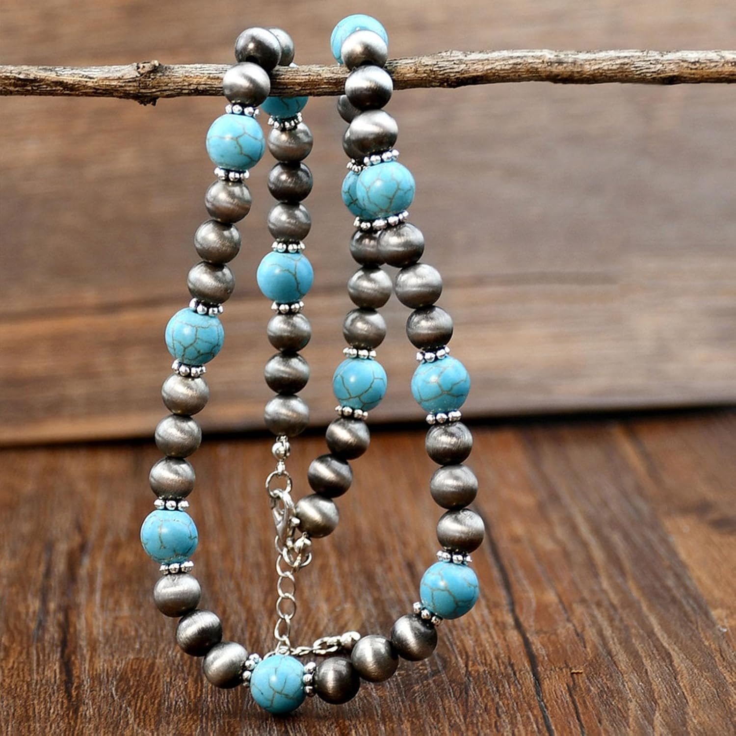 4 PCS Western Turquoise Jewelry for Women Boho Vintage Navajo Pearl Necklace Earring Bracelet Ring Set Country Cowgirl Accessories for Gift - Image 6