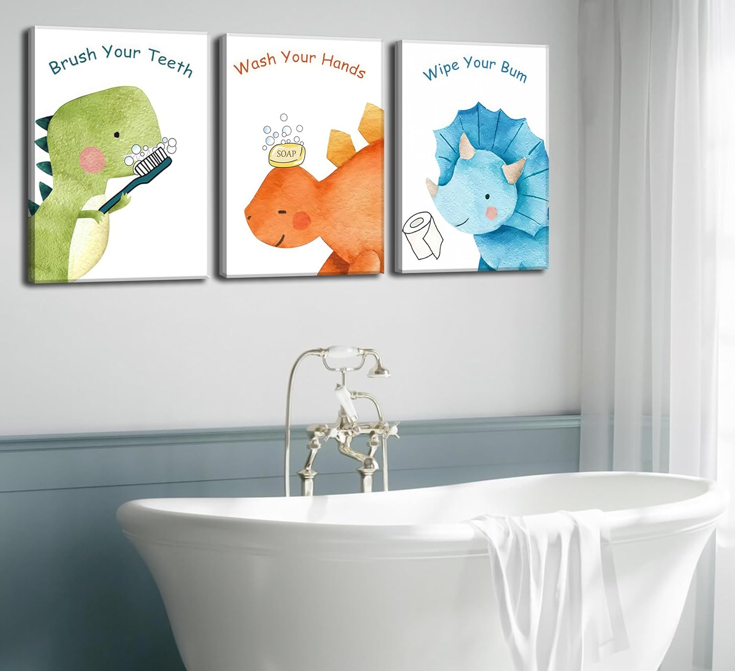 3Pcs Dinosaur Nursery Canvas Wall Art Funny Cute Dinosaur Bathroom Painting Pictures Wall Decor Posters Prints Artwork for Toilet Lavatory Home Decoration