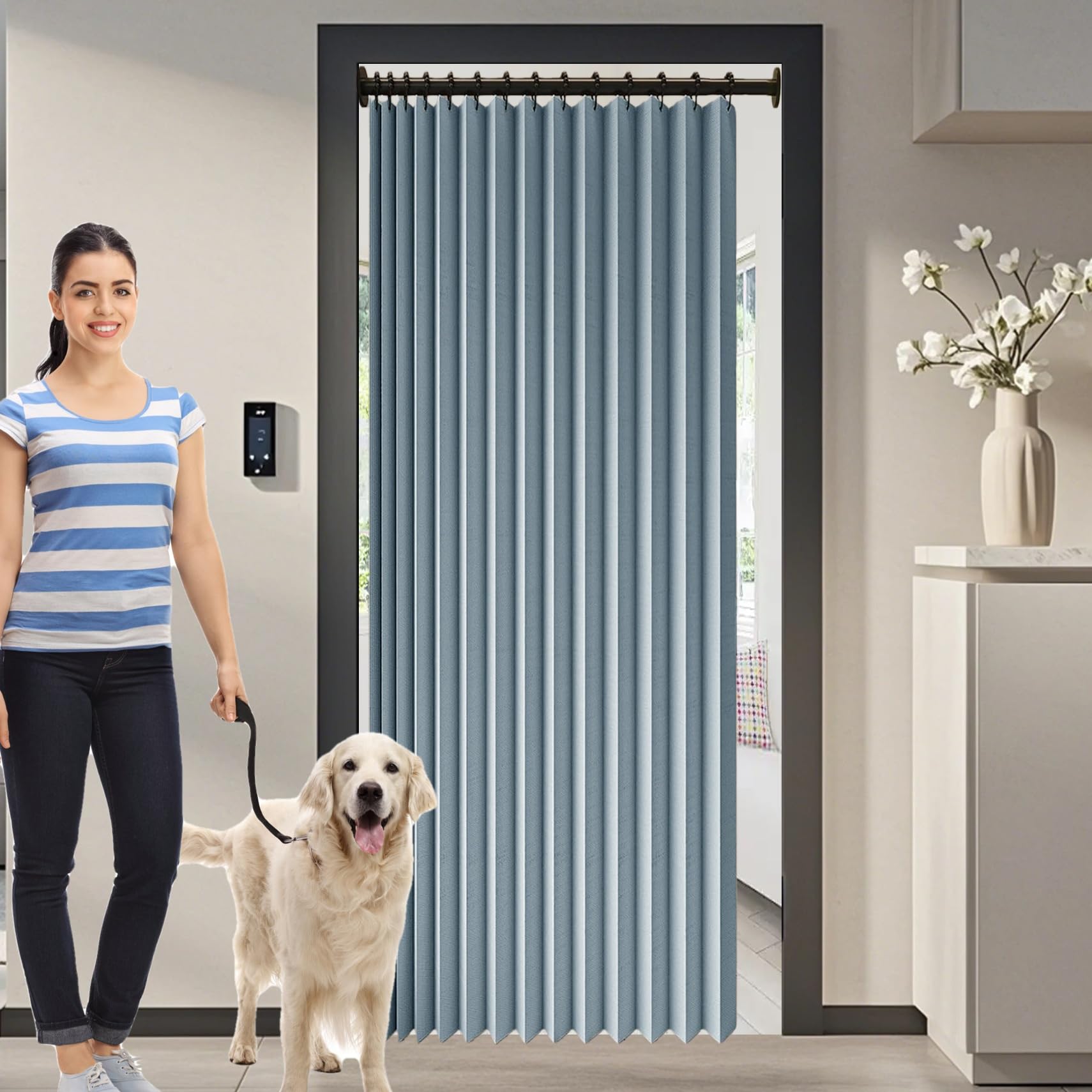 Rideau de porte pliant bleu pour un salon moderne et chaleureux