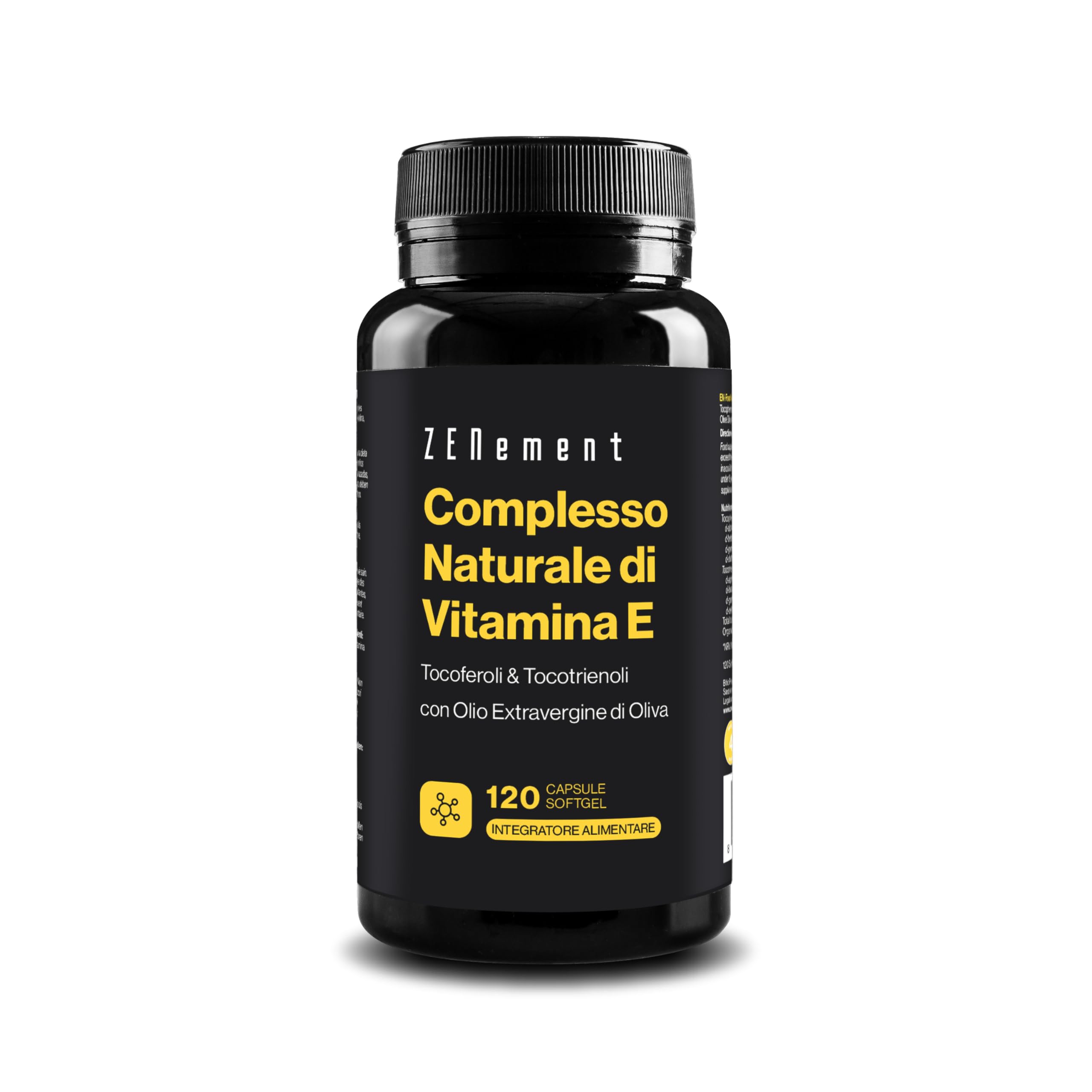 Natural Vitamin E Complex – Tocoferoli e Tocotrienoli – Potente Antiossidante, Protegge le Cellule dallo Stress Ossidativo – con Olio Extravergine di Oliva Spagnolo – 120 Capsule – Zenement