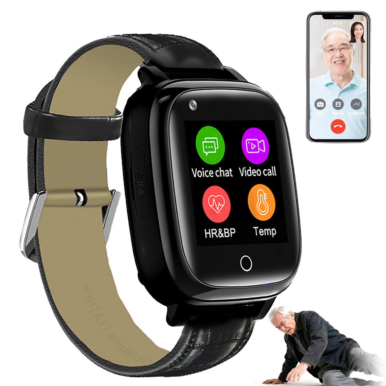 Smartwatch für Senioren mit Sturzerkennung, GPS-Standort, SOS-Notruf, Gesundheitsüberwachung und HD-Videoanrufe – ideal für die Altenpflege