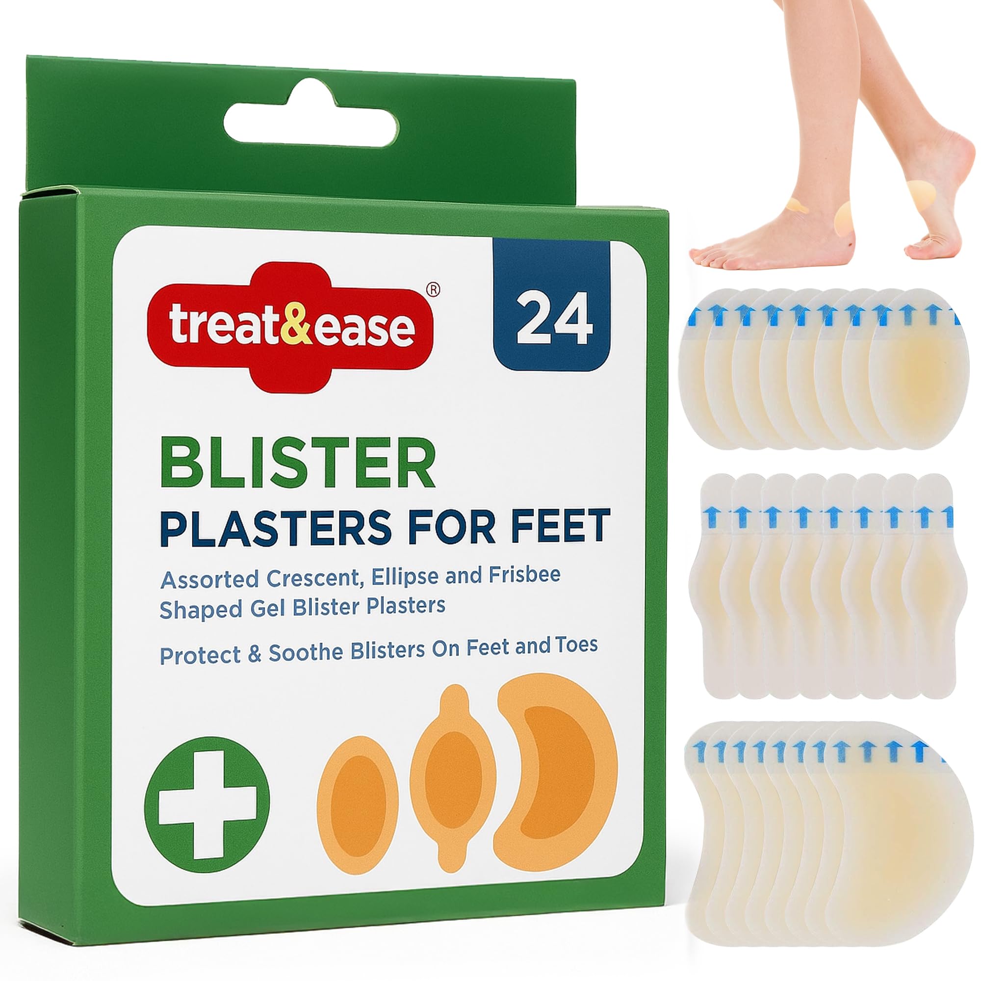SOL 24pk Blister Plasters for Feet - Hydrocolloid Waterproof Cushion with Advanced Protection & Faster Wound Healing, Reduces Friction During Walking & Hiking - Assorted Sizes for Toes & Heels