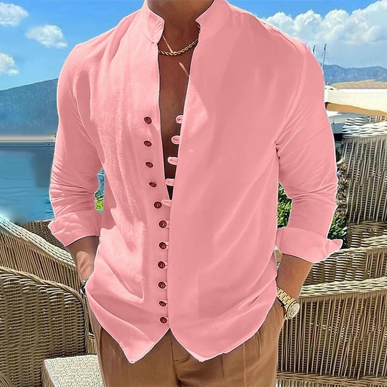 Camicie da Uomo Camicia A Colori Solidi in Cotone retrò E Maniche Lunghe Lino Casual Sciolta-Bianco-s