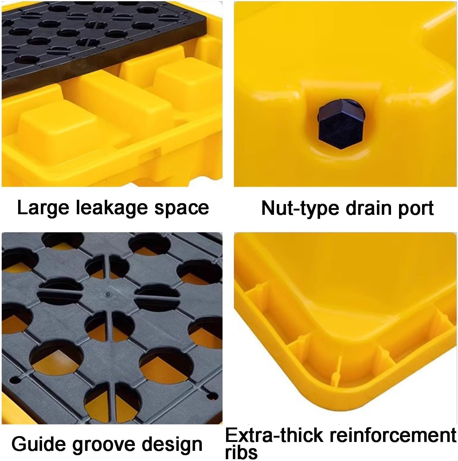 Stackable Yellow Black Spill Pallet, 1/2 Drum Modular Platform, Leak-Proof Polyethylene Tray with Drainage/Grid Pad for Industrial Oil Drums,Black+yellow-33x33x5.8cm