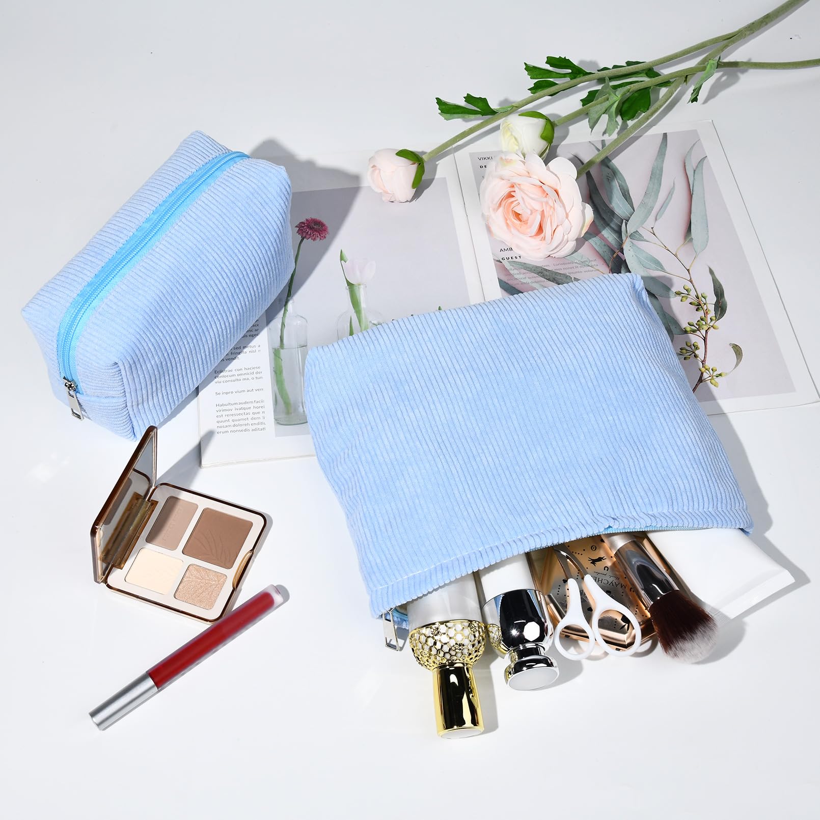 SOIDRAM 2 Pieces Makeup Bag Large Corduroy Cosmetic Bag Capacity Canvas Mix Travel Toiletry Bag Organizer Cute Makeup Brushes Aesthetic Accessories Storage Bag for Women, Corduroy Mix Blue
