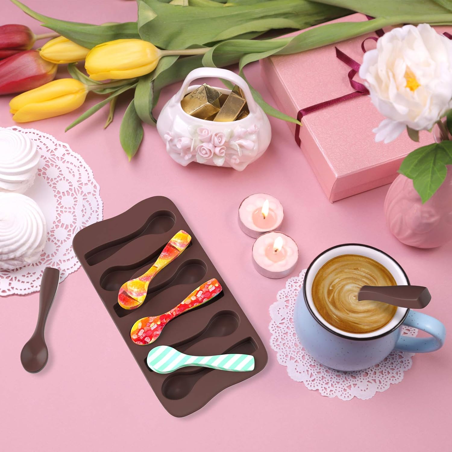 Palksky (4pcs) Hot Chocolate Spoon Mold/Candy Cane Spoons Mold/Peppermint Spoons Silicone Mold for Hot Cocoa & Coffee Butterscotch Handmade Chocolate Stirring Spoons