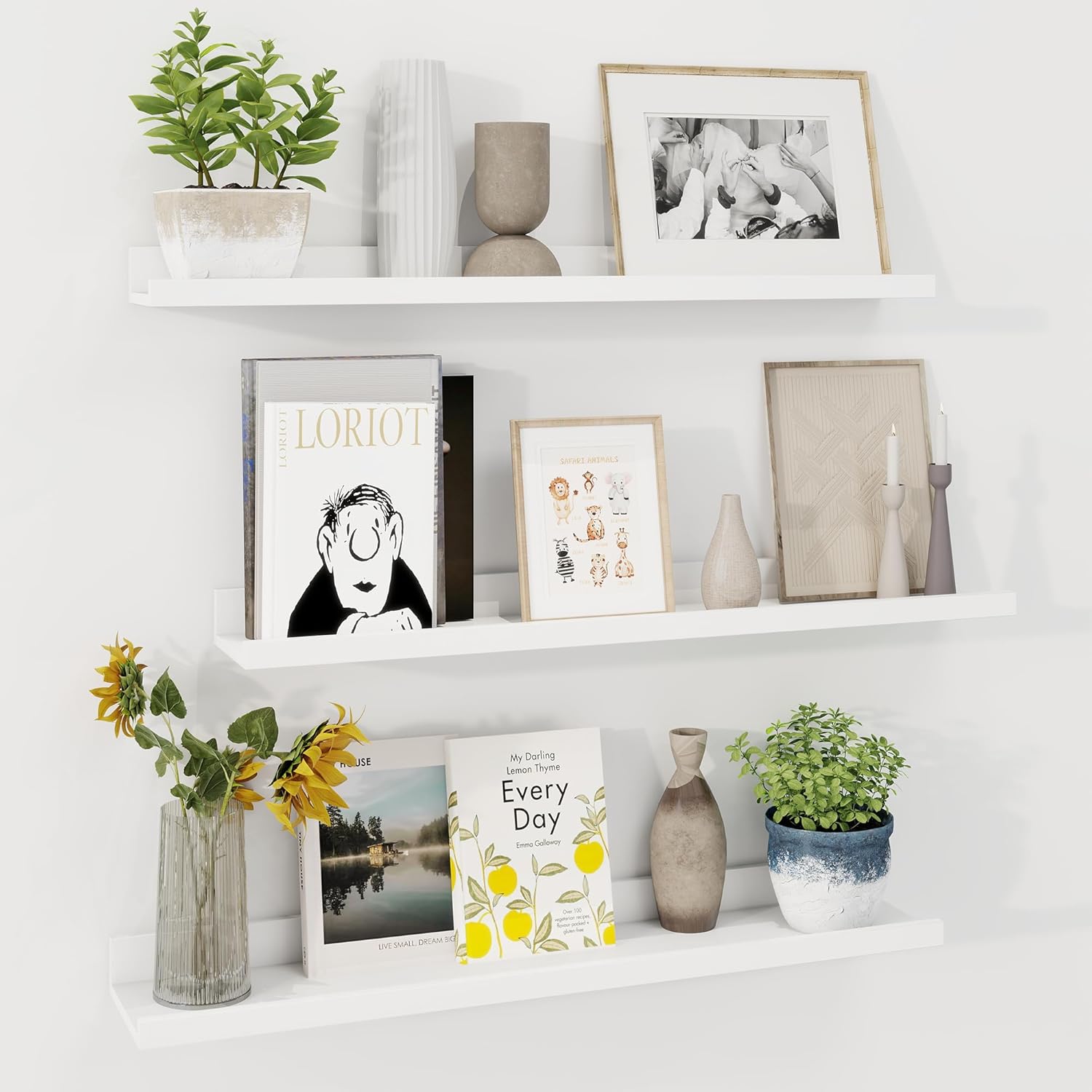 Axeman 30 Inch Floating Shelves | White Picture Ledge Shelf Set of 3 | Rustic Wood Wall Shelves with Lip | 30" White Picture Shelf for Wall with Ledge | Photo Shelves