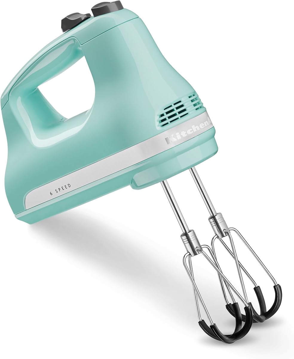 Mezclador manual de 6 velocidades KitchenAid con batidoras de borde Flex, KHM6118, azul hielo | 6 velocidades, batidoras de borde Flex aptas para lavavajillas, clip de almacenamiento integrado. Accesorio pro whisk