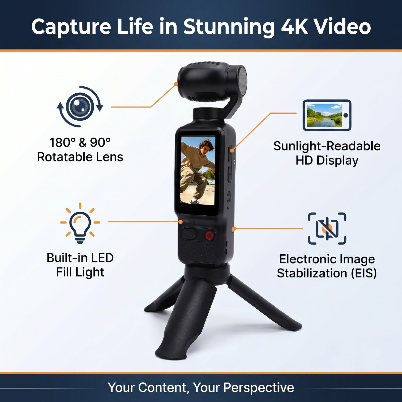 Videocamera Sportiva 4K, Fotocamera 64MP | Fotocamera Vlog con Obiettivo Girevole a 180°, Luce Integrata per Video