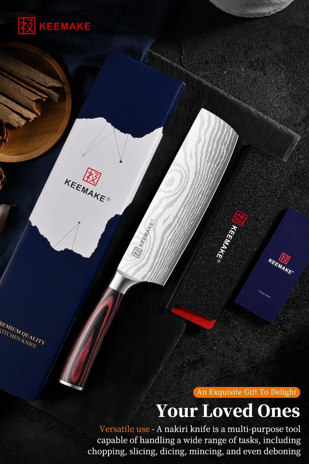 KEEMAKE Nakiri Knife Meat Cleaver: 7 Inch Razor Sharp Chef Kitchen Knife for Cutting Vegetable Cooking Knives - Multipurpose High Carbon Stainless Steel with Pakkawood Handle, Gift box and Sheath - Image 7