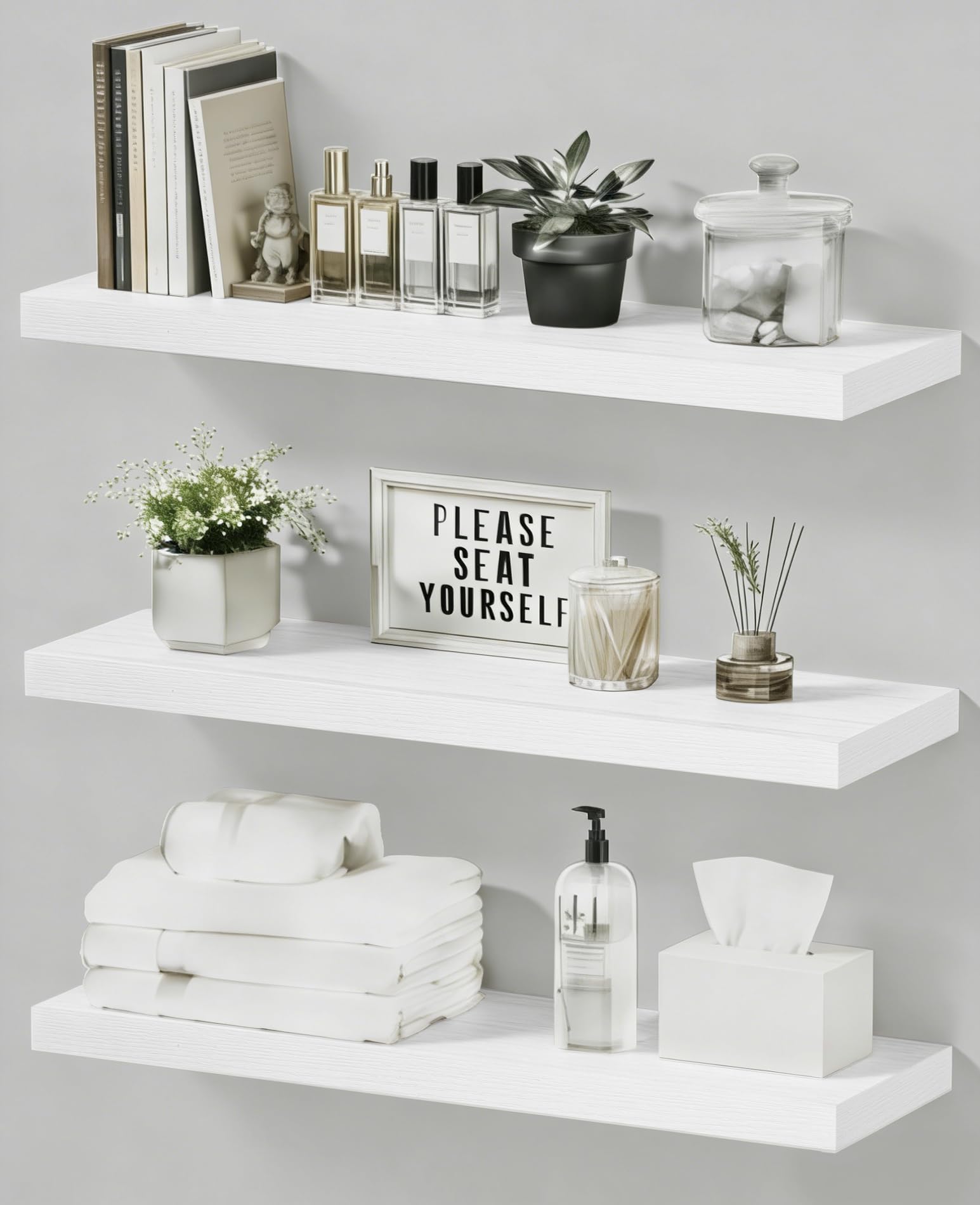 Floating Shelves Set of 3, 15.7 Inch Wall Mounted Wooden Shelf, Small Hanging Shelf for Room Decor, Books and Storage, Save Storage for Bedroom, Living Room, Bathroom, White