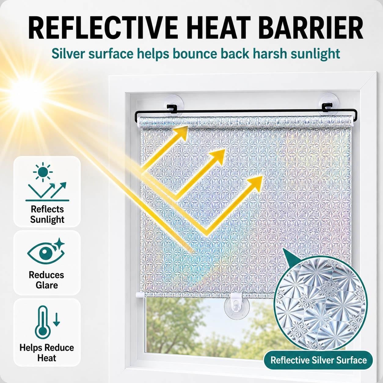 Rullo Oscurante per Finestre con Ventose, 90% Blocco della Luce, Avvolgibile Riflettente Senza Forare, Schermo Privacy per Camera Ufficio Camper Auto(W 65 x 100 cm)