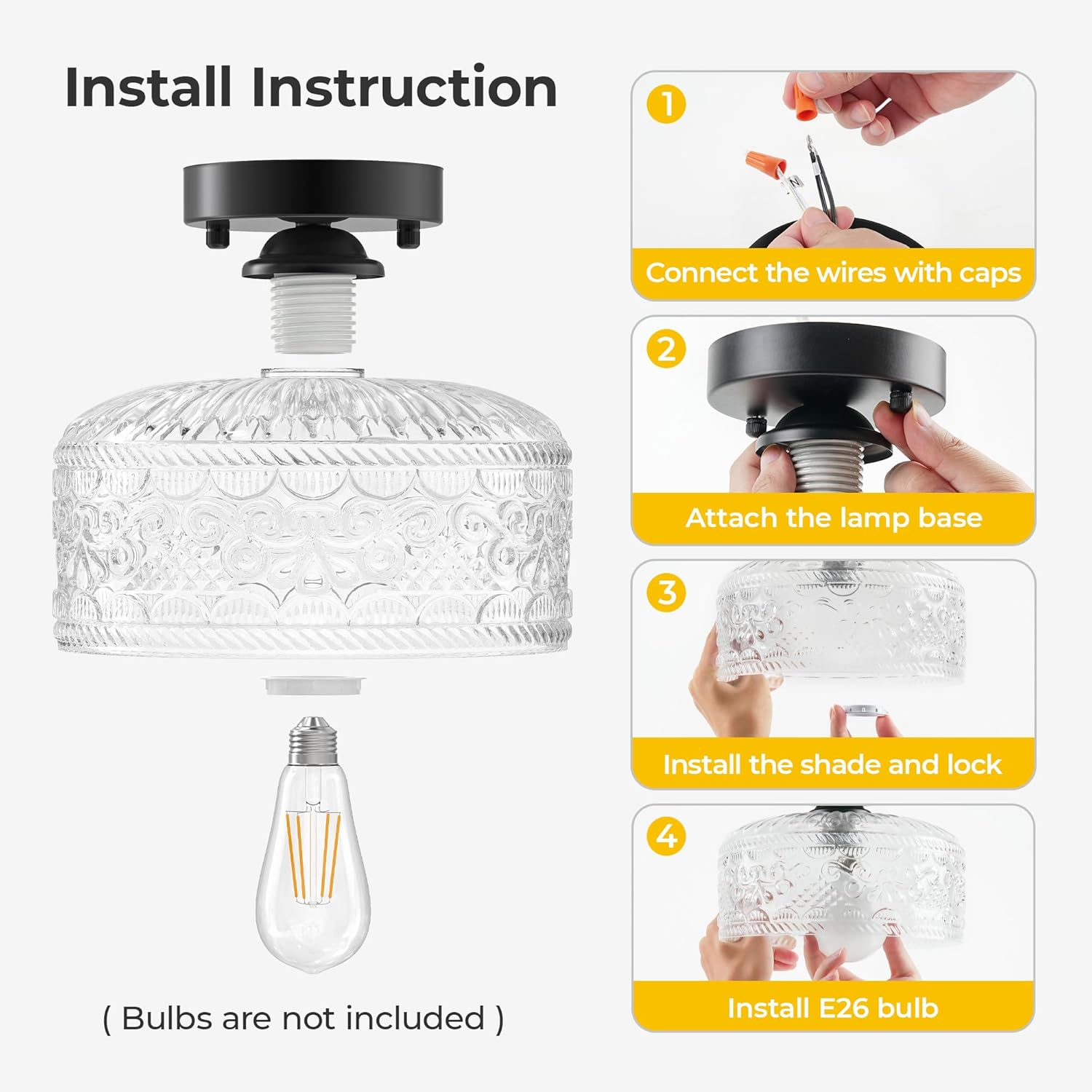 Semi Flush Mount Ceiling Light Black, Upgraded Larger Vintage Glass Pendant Lamp Shade, Modern Farmhouse Light Fixture for Hallway Corridor Kitchen Entryway Bedroom, Bulb Not Included