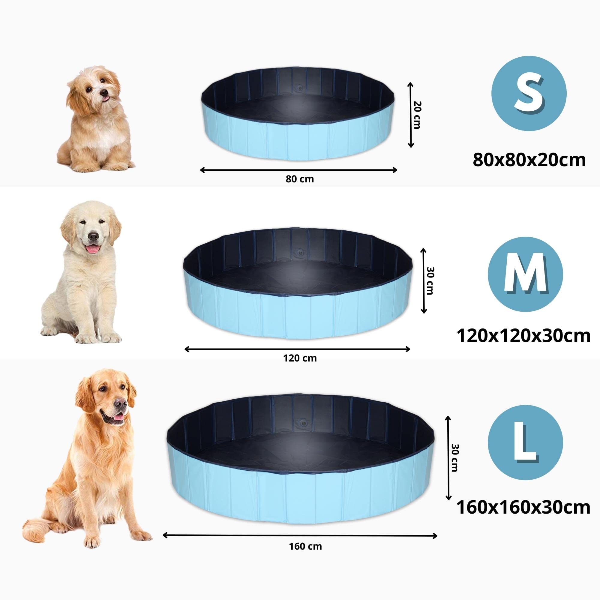 Piscine pour chiens Ø 160 x 30 cm - Bain pour chiens - Bassin pour animaux - Bassin pour animaux - Bassin sur pied - Pliable - PVC - Bleu - Avec peigne à brosse pour chien