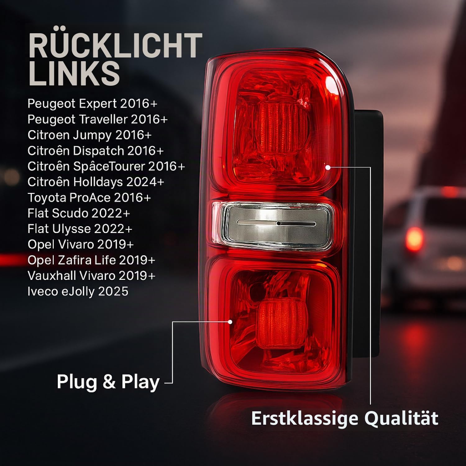 Rücklicht Rückleuchte Heckleuchte Links Fahrerseite E-Prüf | Kompatibel mit Peugeot Expert Traveller Citroen Jumpy Dispatch SpaceTourer Toyota Proace 2016+ Opel Zafira Life Vivaro 2019+