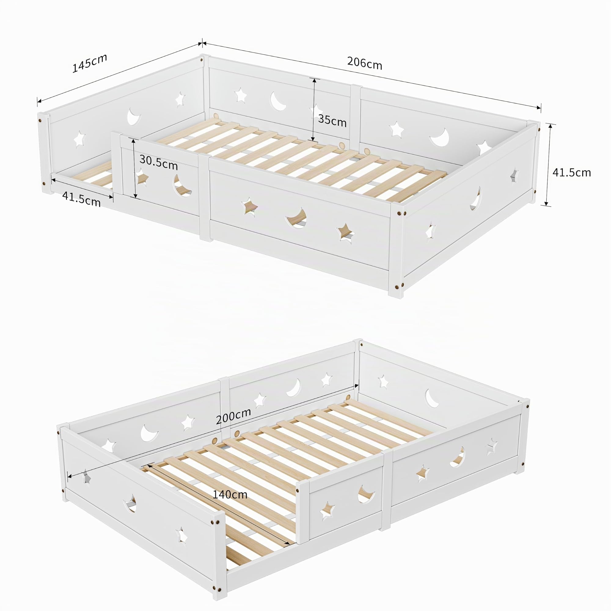 Kinderbett 140x200 cm,Montessori Bett,Bodenbett aus Holz,Sicheres Kleinkindbett,Kinder Bett Bodenbett Mit Rausfallschutz,Gitterbett Kinder FüR Jungen und MäDchen Geeignet (Weiß-1, 140x200cm)