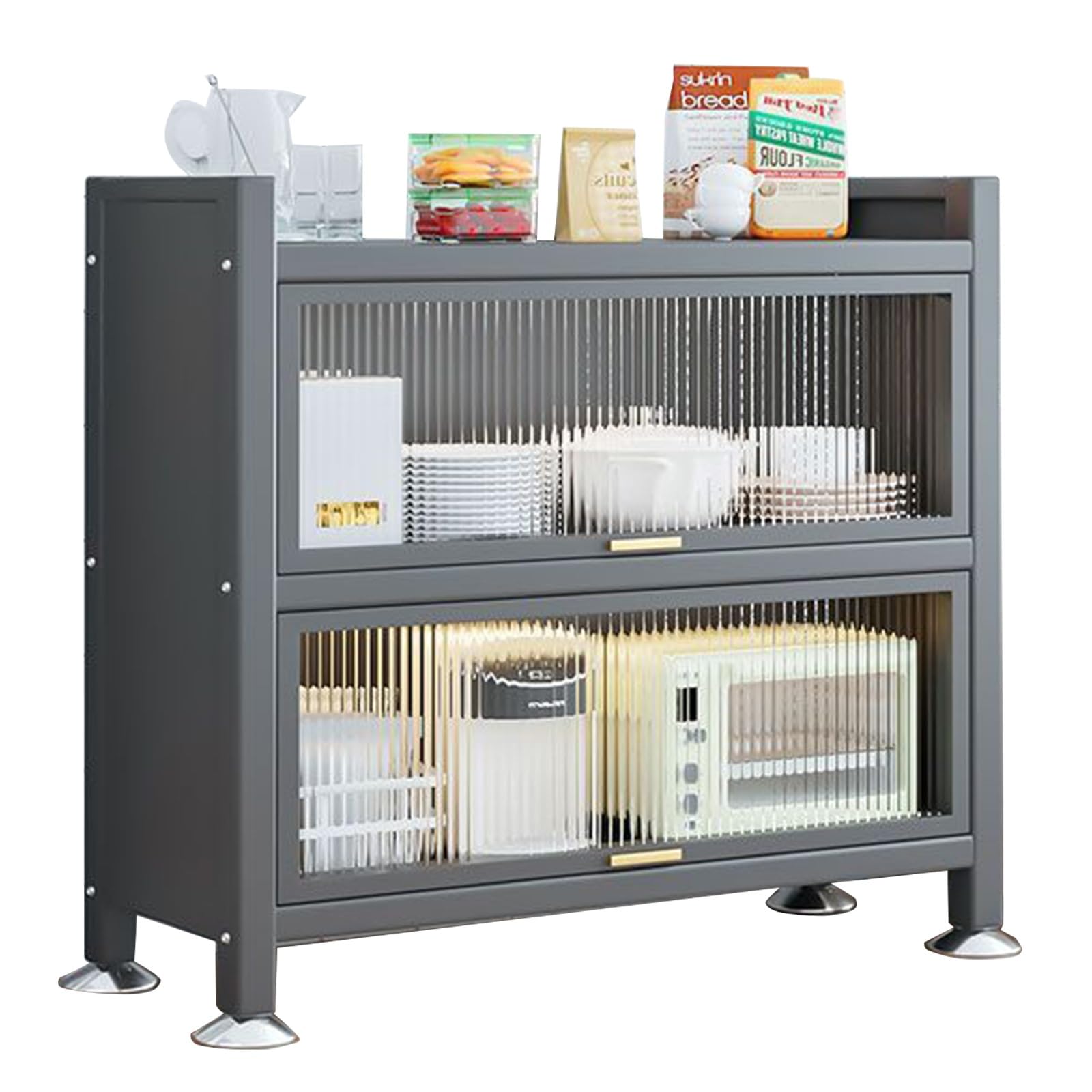 Meuble micro-ondes gris 80 cm à 3 niveaux avec rangement pain et café pour cuisine et garde-manger
