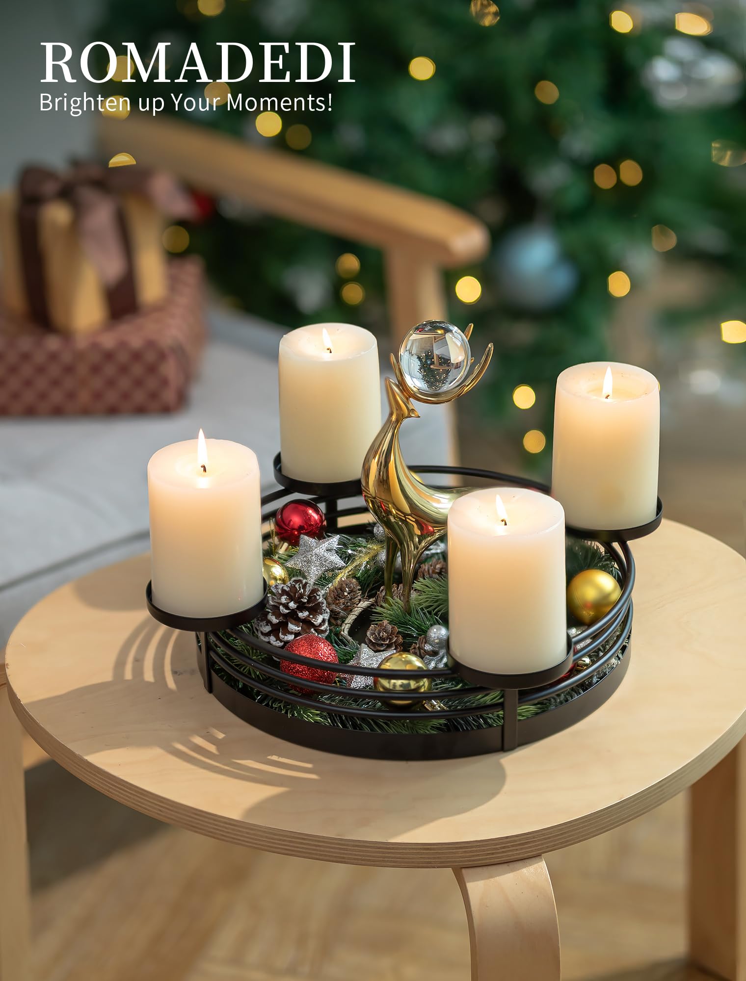 Romadedi Adventskranz Modern Schale Metall: Adventsschale Gestell Rund Matt Schwarz Ø 30cm für 4 Stumpenkerzen Ø 8 cm - Adventsgesteck mit Tablett für Tisch